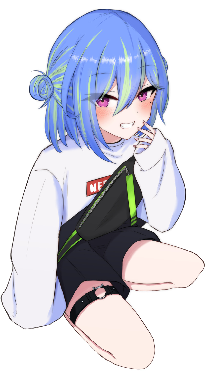 1girl black_shorts blue_hair blush commentary_request double_bun fingernails flat_chest full_body green_hair grin hair_between_eyes hair_bun high-waist_shorts highres hiyoku_no_crosspiece long_bangs long_sleeves looking_at_viewer mole mole_under_eye multicolored_hair nanashi_inc. o-ring official_alternate_costume on_one_knee pink_eyes salmon231 short_hair shorts simple_background sleeves_past_wrists smile solo suzumi_nemo suzumi_nemo_(2nd_costume) sweater two-tone_hair virtual_youtuber white_background white_sweater