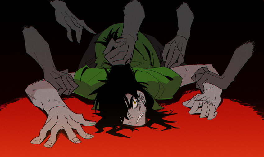 1boy 3others black_hair clenched_teeth commentary_request fingernails full_body grabbing_another's_hair green_shirt grey_pants hair_between_eyes hair_over_one_eye highres inudori itou_kaiji kaiji long_bangs long_hair looking_at_viewer male_focus multiple_others on_floor pants pinned scar scar_on_hand shirt short_sleeves solo_focus teeth yellow_eyes