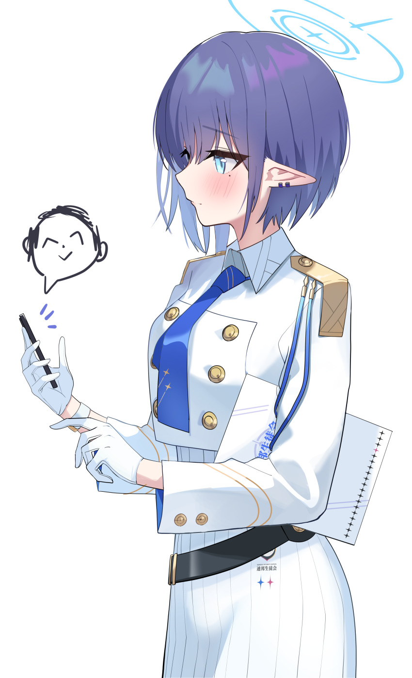 1girl absurdres aoi_(blue_archive) arona's_sensei_doodle_(blue_archive) belt black_belt blue_archive blue_eyes blue_hair blue_halo blue_necktie blush breasts cellphone closed_mouth collared_jacket commentary cowboy_shot cropped_jacket earclip epaulettes gloves halo highres holding holding_phone inapple jacket long_sleeves medium_breasts mole mole_under_eye necktie phone pointy_ears ribbed_skirt sensei_(blue_archive) short_hair simple_background smartphone solo standing white_background white_gloves white_jacket white_uniform