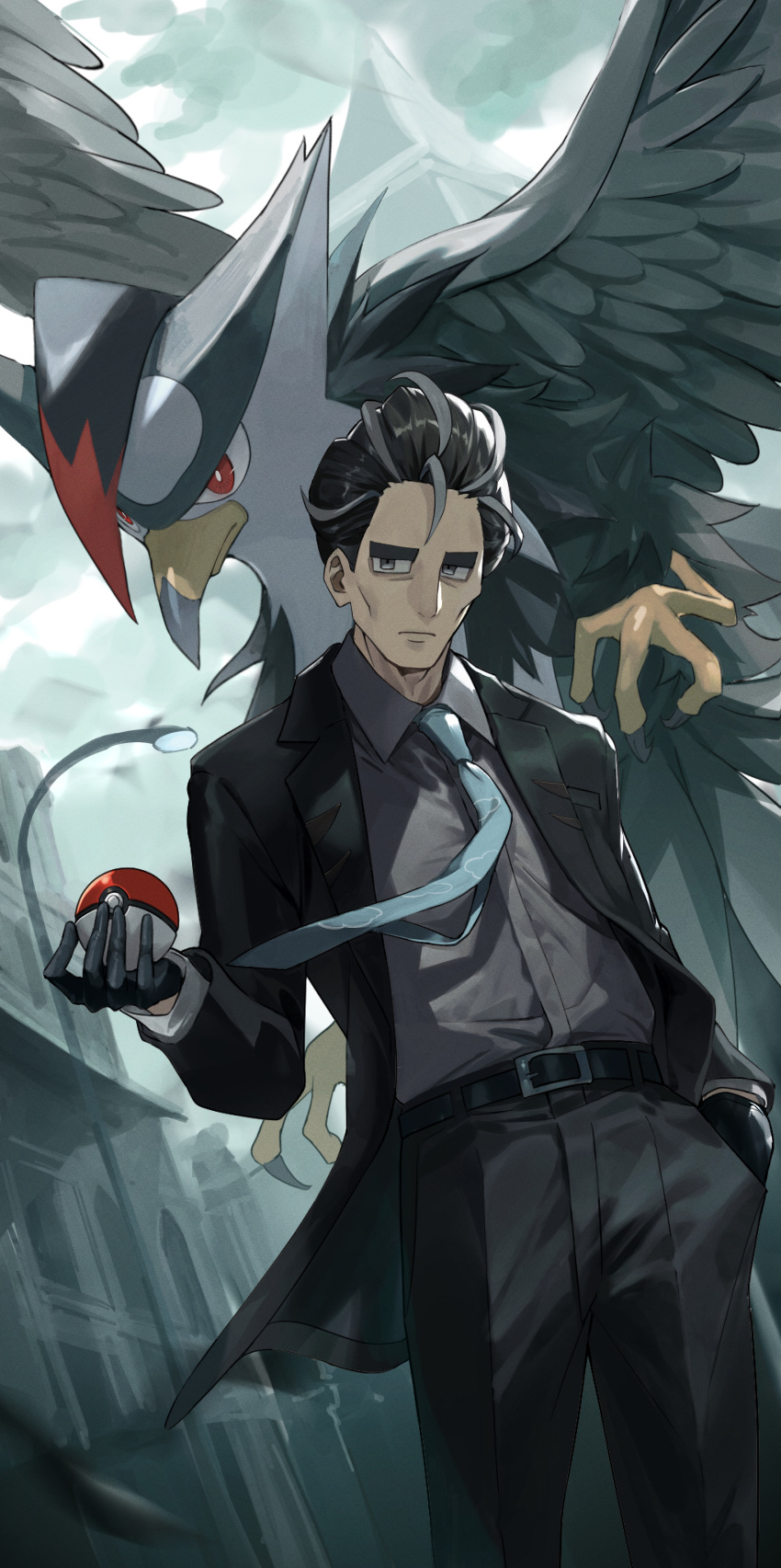 1boy absurdres bird black_hair black_jacket black_pants building closed_mouth collared_shirt commentary_request frown green_necktie grey_shirt highres jacket lamppost larry_(pokemon) looking_down male_focus multicolored_hair necktie open_clothes open_jacket outdoors pants pokemon pokemon_(creature) pokemon_(game) pokemon_sv shirt short_hair staraptor streaked_hair two-tone_hair utkw_n