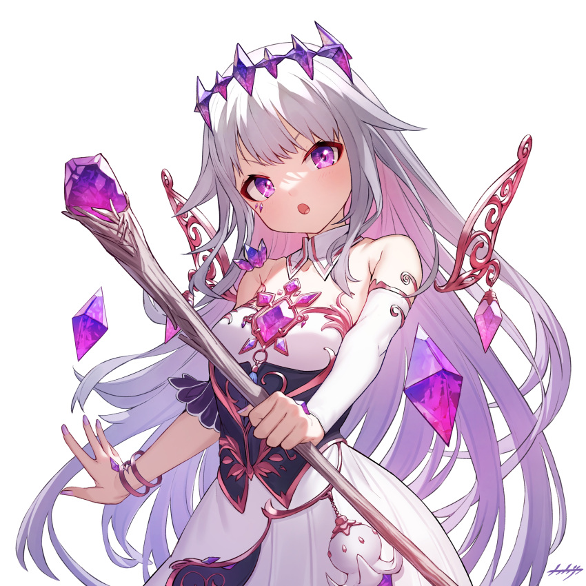 1girl arpeggio_kaga bracelet chest_jewel detached_collar detached_sleeves detached_wings dress grey_hair highres holding holding_staff hololive hololive_english jewelry koseki_bijou long_hair signature single_detached_sleeve staff strapless strapless_dress violet_eyes virtual_youtuber white_background wings wooden_staff