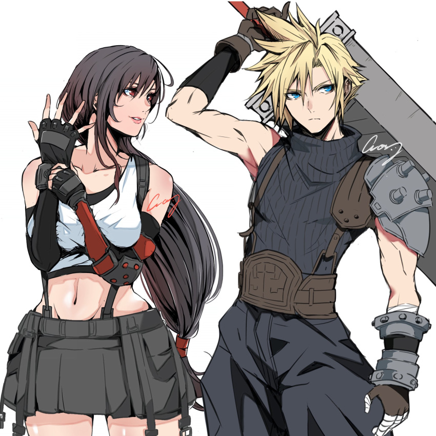1boy 1girl artist_name bare_shoulders black_pants black_sweater_vest blonde_hair blue_eyes brown_eyes brown_hair brown_shorts cloud_strife crazy02oekaki elbow_gloves final_fantasy final_fantasy_vii fingerless_gloves gloves highres holding holding_sword holding_weapon lips long_hair looking_at_another midriff navel pants pink_lips ribbed_sweater shorts shoulder_guard spiky_hair suspenders sweater sweater_vest sword sword_behind_back tifa_lockhart weapon white_background wrist_guards