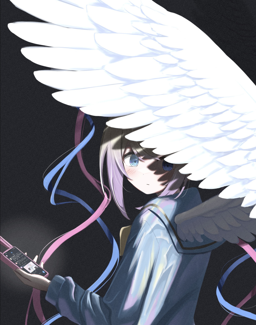 1girl black_background blonde_hair blue_eyes blue_hair blue_shirt cellphone chouzetsusaikawa_tenshi-chan closed_mouth commentary_request feathered_wings glowing gradient_hair highres holding holding_phone holographic_clothing keith_(djdc8452) long_hair long_sleeves looking_at_viewer multicolored_hair needy_girl_overdose phone pink_hair purple_hair quad_tails sailor_collar shirt smartphone solo twintails upper_body white_wings wings