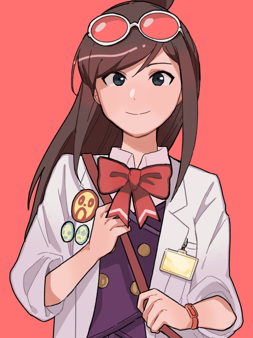 1girl absurdres ace_attorney badge bag blue_vest blush bow bowtie brown_hair button_badge buttons closed_mouth collared_shirt cornfarm dot_nose ema_skye green_eyes highres holding_strap jacket long_hair name_tag orange_wristband pink-tinted_eyewear pink_background red_bow red_bowtie shirt shoulder_bag shoulder_strap sidelocks sleeves_rolled_up smile solo swept_bangs tinted_eyewear topknot upper_body vest white-framed_eyewear white_jacket white_shirt