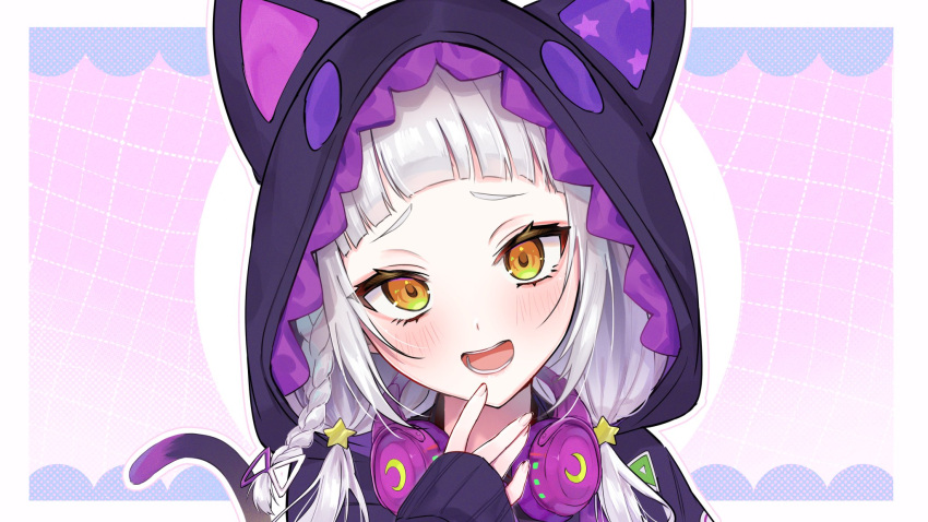 1girl akai_ame animal_hood asymmetrical_hair black_jacket blunt_bangs blush braid cat_hood cat_tail commentary eyelashes grey_hair hair_ornament hand_to_own_mouth head_tilt headphones headphones_around_neck highres hololive hood hood_up hooded_jacket jacket long_hair looking_at_viewer murasaki_shion murasaki_shion_(7th_costume) official_alternate_costume open_mouth orange_eyes outline portrait side_braid sleeves_past_wrists smile solo star_(symbol) star_hair_ornament tail virtual_youtuber white_outline