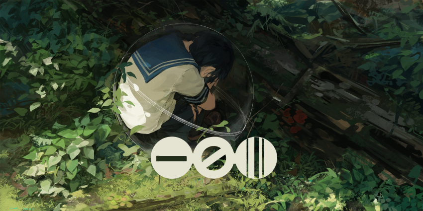 1girl absurdres black_hair black_skirt black_thighhighs blue_sailor_collar brown_footwear commentary day fetal_position foliage forest full_body gashapon grass highres hugging_own_legs in_container loafers log medium_hair nature original outdoors sailor_collar scenery school_uniform shirt shoes short_sleeves skirt solo symbol-only_commentary thigh-highs white_shirt xilmo