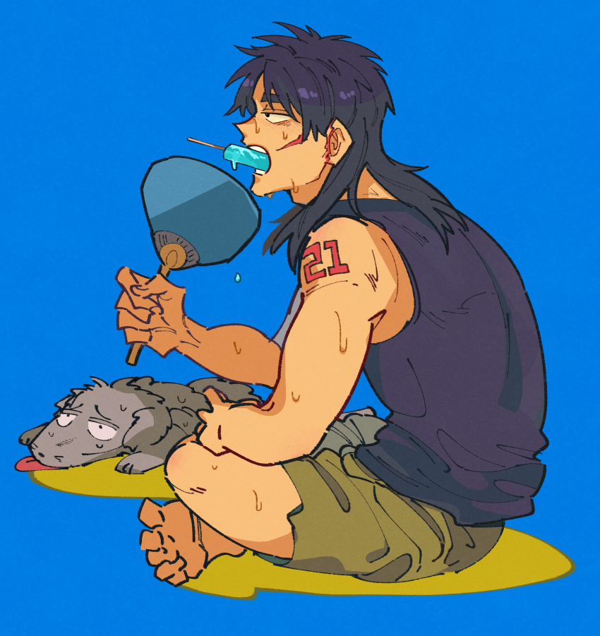 1boy arm_tattoo barefoot black_shirt blue_background brown_shorts commentary_request dog fanning_self food_in_mouth full_body hand_fan highres hot inudori itou_kaiji kaiji long_hair male_focus medium_bangs number_tattoo open_mouth popsicle_in_mouth profile scar scar_on_cheek scar_on_ear scar_on_face shirt shorts simple_background sitting sleeveless sleeveless_shirt solo tattoo teeth