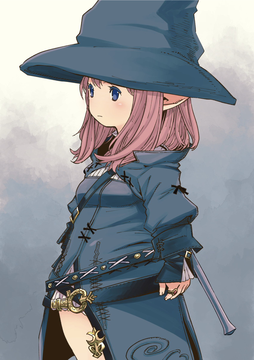 1girl absurdres belt blue_belt blue_eyes blue_headwear blue_robe breasts closed_mouth final_fantasy final_fantasy_xiv hat highres jewelry lalafell loose_belt medium_hair multiple_belts muramasa_mikado no_nose no_pupils o-ring o-ring_belt pink_hair pointy_ears puffy_sleeves ring robe small_breasts solo standing warrior_of_light_(ff14) witch_hat