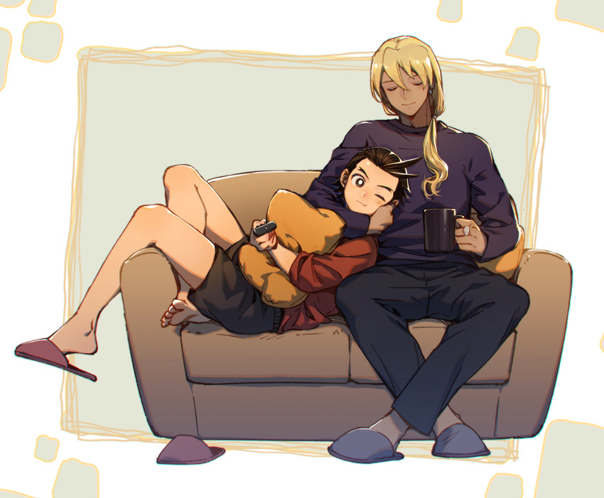 2boys :t ace_attorney antenna_hair apollo_justice black_pants black_shorts blonde_hair blue_footwear brown_eyes brown_hair closed_eyes controller couch crossed_ankles cup dark-skinned_male dark_skin earrings hair_between_eyes hair_over_shoulder hi-fi_(fijazzy) holding holding_cup holding_remote_control jewelry klavier_gavin knees_up long_hair long_sleeves low_ponytail lying male_focus multiple_boys object_hug on_back on_couch one_eye_closed pants pillow pillow_hug purple_footwear purple_shirt red_shirt remote_control ring shirt shoe_dangle shoes shoes_removed shorts single_shoe sitting sleeves_rolled_up slippers smile wavy_hair