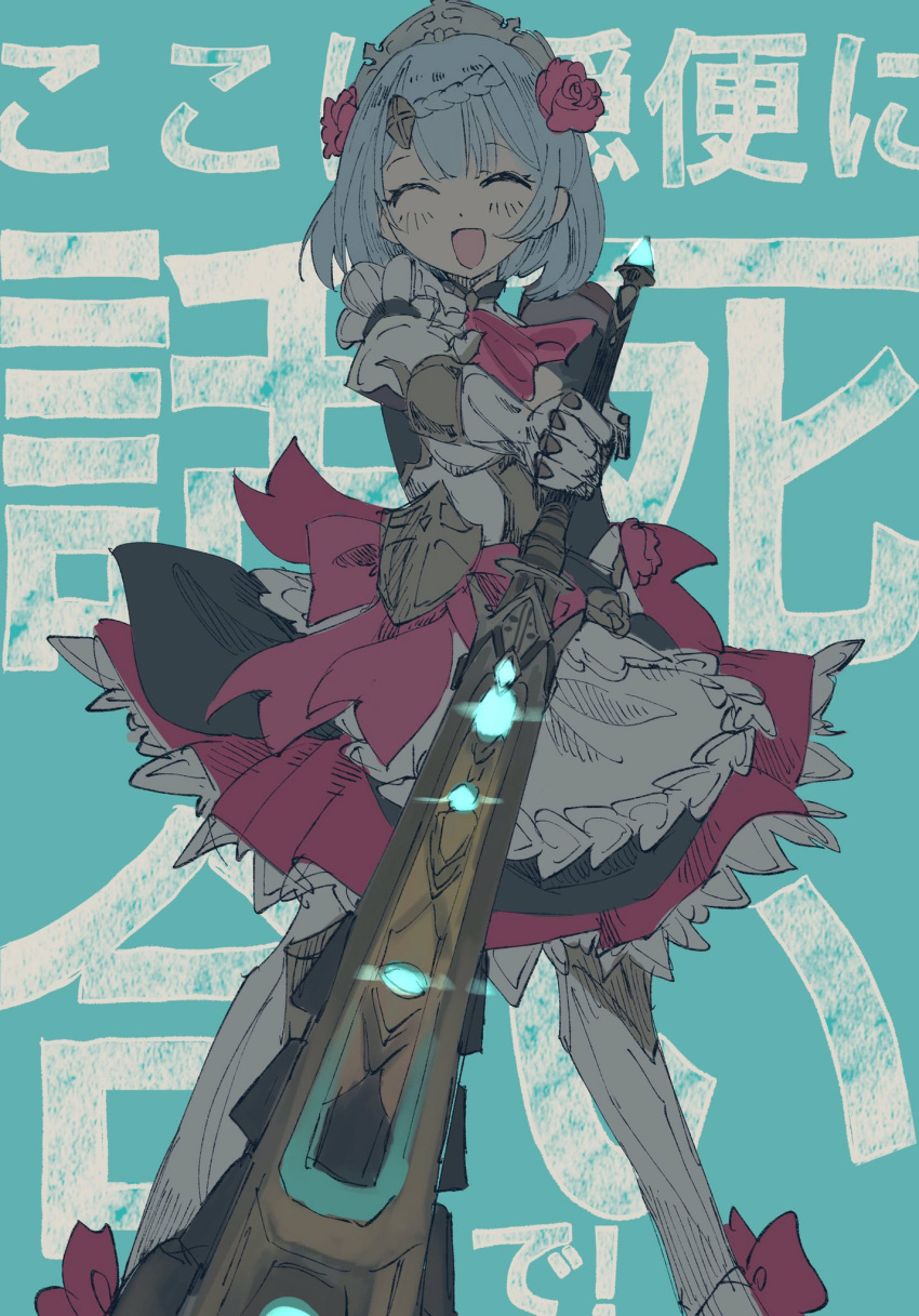 1girl apron armor armored_boots armored_dress armored_gloves ascot back_bow black_dress blue_background blush boots bow braid braided_bangs breasts closed_eyes dress flower frills genshin_impact grey_hair hair_ornament highres holding holding_sword holding_weapon maid medium_breasts noelle_(genshin_impact) onigiri_(sumisaza) open_mouth pink_ascot pink_bow pink_flower pink_rose puffy_short_sleeves puffy_sleeves rose shield_hair_ornament short_hair short_sleeves simple_background smile solo standing sword tiara weapon white_apron
