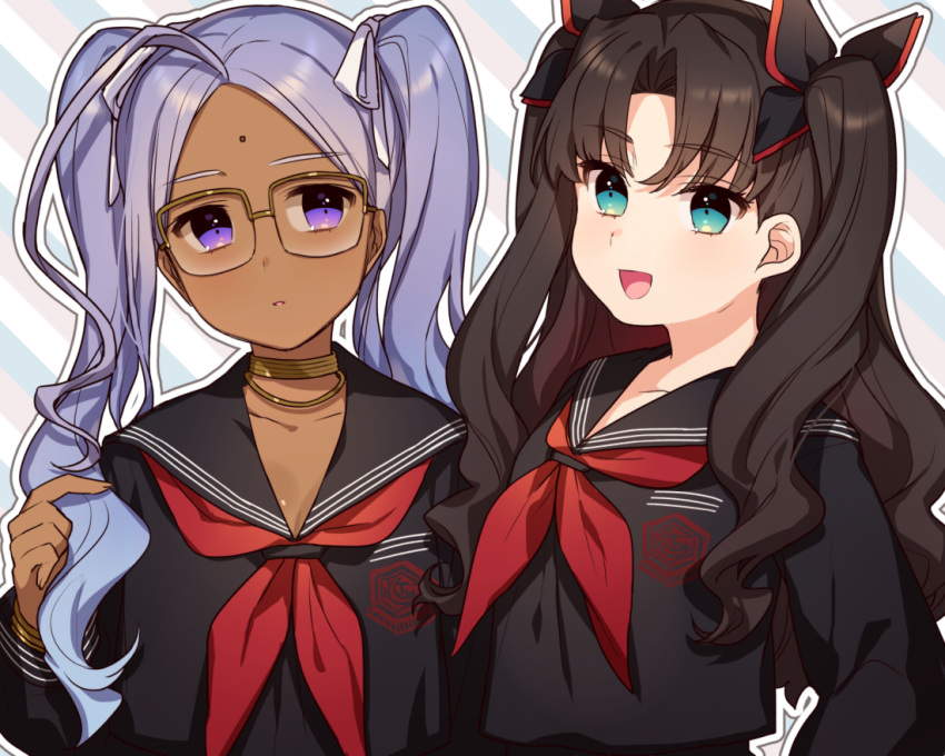 2girls bindi black_hair black_ribbon black_sailor_collar bracelet commentary dark-skinned_female dark_skin facial_mark fate/extra fate/extra_ccc fate_(series) forehead_mark glasses gold_bracelet green_eyes hair_ribbon hand_up holding holding_hair jewelry karokuchitose long_hair long_sleeves looking_afar looking_at_another looking_to_the_side multiple_girls neck_ring neckerchief open_mouth outline parted_bangs parted_lips purple_hair rani_viii red_neckerchief ribbon sailor_collar shirt smile tohsaka_rin tohsaka_rin_(fate/extra) toosaka_rin tsukumihara_academy_uniform_(fate/extra_ccc) twintails two_side_up upper_body violet_eyes white_outline white_ribbon white_shirt yellow-framed_eyewear