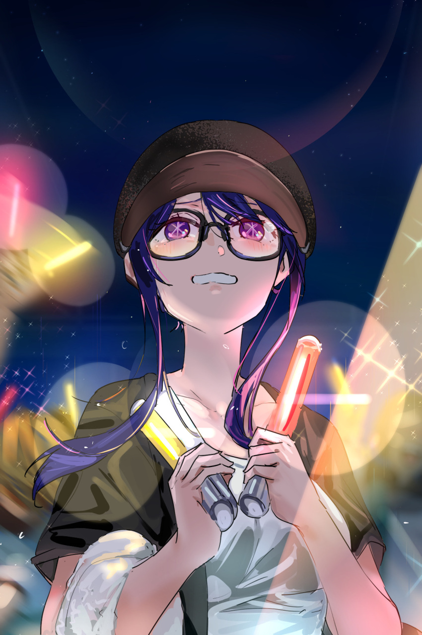 1girl bespectacled black_headwear black_shirt blouse blush breasts clenched_teeth collarbone commentary_request funi_mu9 glasses glowstick highres holding_glowstick hoshino_ai_(oshi_no_ko) medium_breasts night night_sky open_mouth oshi_no_ko people shirt short_hair_with_long_locks sidelocks sky solo_focus sparkle star-shaped_pupils star_(sky) star_(symbol) symbol-shaped_pupils teeth upper_body violet_eyes white_shirt