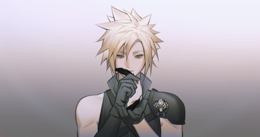 1boy armor asymmetrical_arms black_feathers black_gloves blonde_hair cloud_strife elbow_gloves expressionless feathers final_fantasy final_fantasy_vii gloves gradient_background green_eyes hao_xiang_yishui_bu_xing high_collar highres holding holding_feather male_focus messy_hair pauldrons short_hair short_sleeves shoulder_armor single_elbow_glove single_pauldron solo