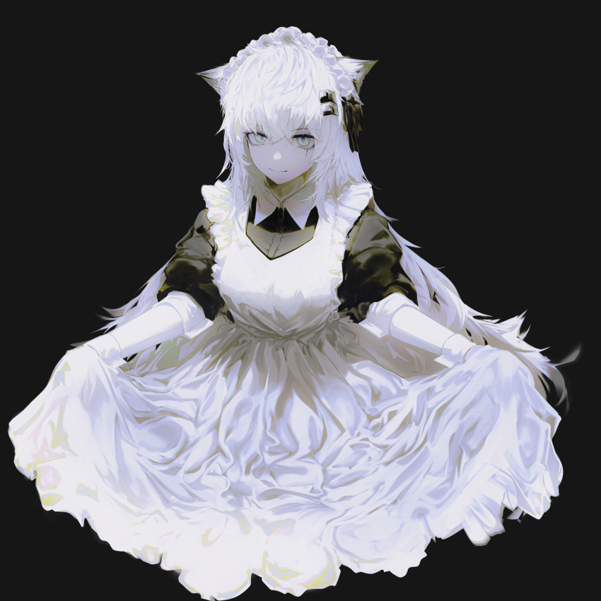 1girl alternate_costume animal_ear_fluff animal_ears apron arknights black_background black_dress commentary cropped_torso curtsey dress enmaided grey_eyes grey_hair hair_ornament hairclip highres lappland_(arknights) light_smile looking_at_viewer maid maid_headdress pale_skin puffy_short_sleeves puffy_sleeves runamonet scar scar_across_eye short_sleeves simple_background solo white_apron white_wrist_cuffs wolf_ears wolf_girl wrist_cuffs