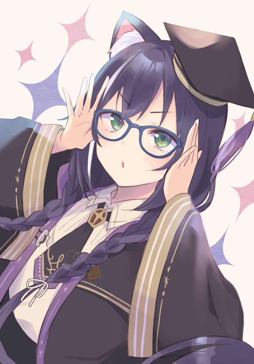 1girl adjusting_eyewear animal_ear_fluff animal_ears black_hair black_headwear black_jacket blue-framed_eyewear braid brown_background cat_ears collared_shirt commentary_request dutch_angle glasses gucchiann hands_up hat highres jacket karyl_(princess_connect!) long_hair long_sleeves looking_at_viewer low_twintails mortarboard multicolored_hair open_clothes open_jacket parted_lips princess_connect! shirt simple_background solo sparkle streaked_hair tilted_headwear twin_braids twintails v-shaped_eyebrows very_long_hair white_hair white_shirt wide_sleeves
