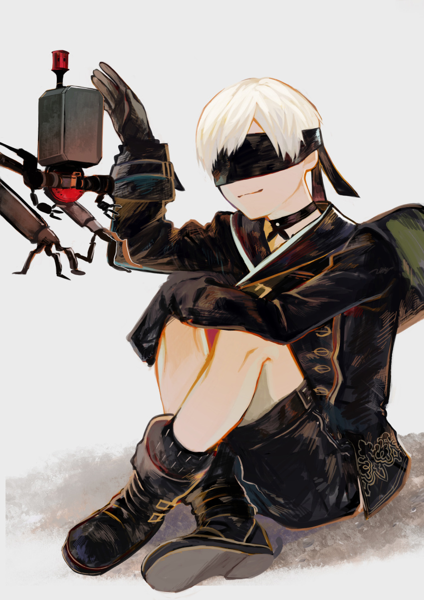 1boy 9s_(nier:automata) absurdres android arm_on_knee atai_(kromameta1234) black_blindfold black_footwear black_gloves black_jacket black_shorts blindfold boots choker crossed_legs gloves green_bag highres jacket looking_at_another male_focus nier:automata nier_(series) patting pod_(nier:automata) robot short_hair shorts simple_background sitting smile solo_focus white_background white_hair