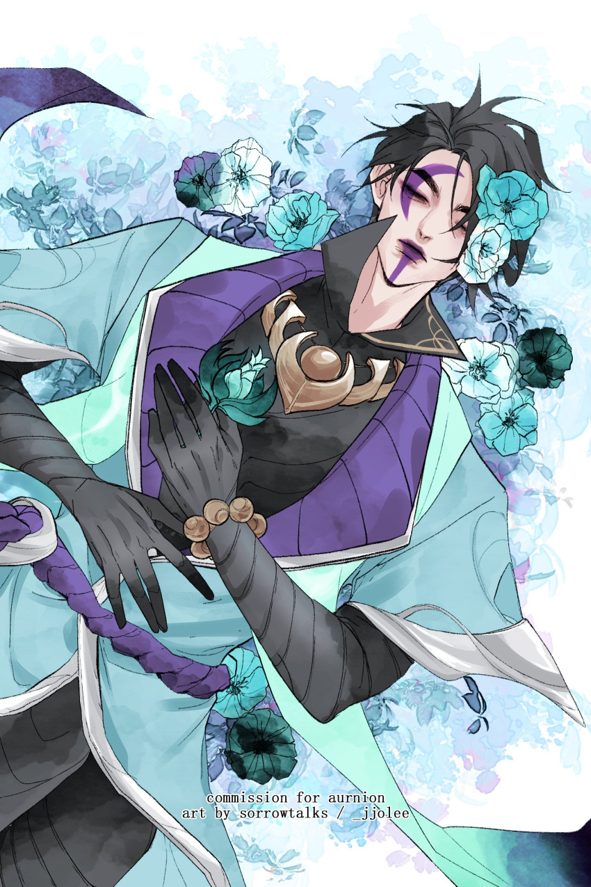 1boy aphelios artist_name black_gloves black_hair black_shirt blue_flower blue_jacket closed_eyes closed_mouth commission crescent crescent_facial_mark elbow_gloves english_commentary facial_mark facial_tattoo flower gloves highres holding holding_flower jacket jewelry jjolee league_of_legends lying male_focus necklace on_back purple_lips shirt short_hair solo tattoo upper_body