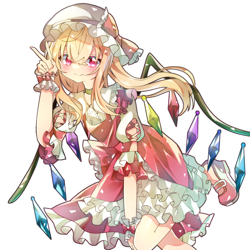 1girl adapted_costume alternate_hairstyle between_legs center_frills crystal doko_ni_demo_iru_bakana_shojo flandre_scarlet frilled_shirt_collar frilled_skirt frills glowing glowing_eye hair_between_eyes hand_between_legs hat highres leg_up long_hair mary_janes mob_cap multicolored_wings no_socks puffy_short_sleeves puffy_sleeves red_eyes red_footwear red_skirt red_vest shoes short_sleeves simple_background skirt solo touhou v vest white_background white_headwear wings