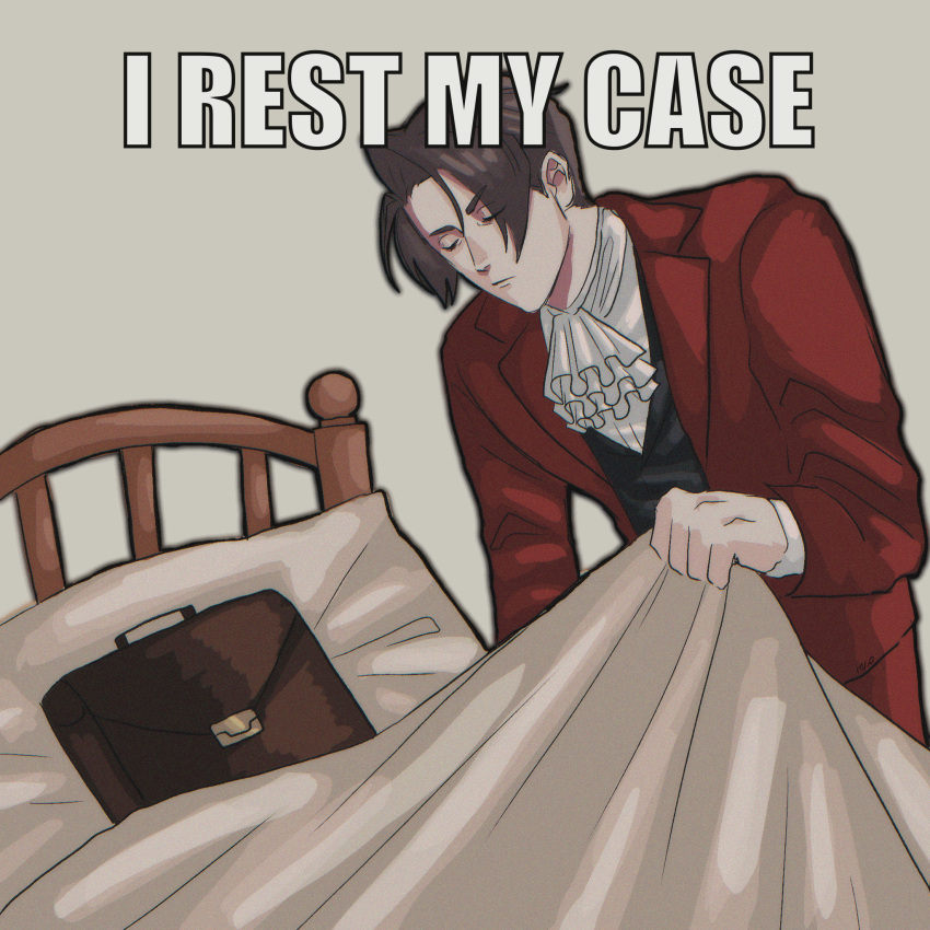 1boy ace_attorney ascot bed black_vest brown_hair closed_eyes closed_mouth covering_with_blanket drenacocrom english_text frilled_ascot frills grey_background hair_intakes highres impact_(font) jacket lapels layered_sleeves long_sleeves male_focus miles_edgeworth pillow pun red_jacket red_suit shirt short_hair solo suit suit_jacket suitcase three-piece_suit too_literal vest white_ascot white_shirt