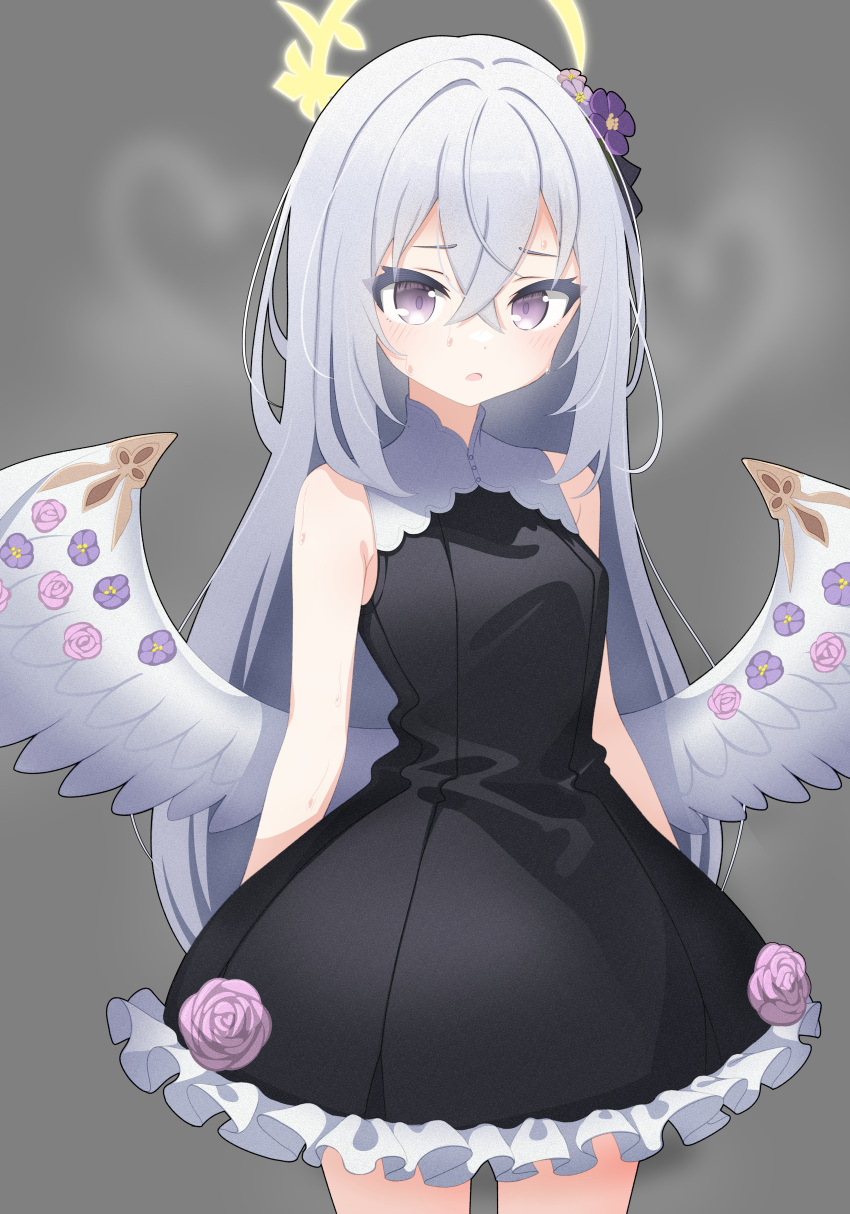 1girl absurdres acalephea angel_wings azusa_(blue_archive) black_dress blue_archive commentary_request dress feathered_wings flower grey_background grey_hair hair_between_eyes hair_flower hair_ornament halo highres hot long_hair looking_at_viewer official_alternate_costume school_uniform sidelocks simple_background sleeveless sleeveless_dress solo sweat violet_eyes white_wings wings
