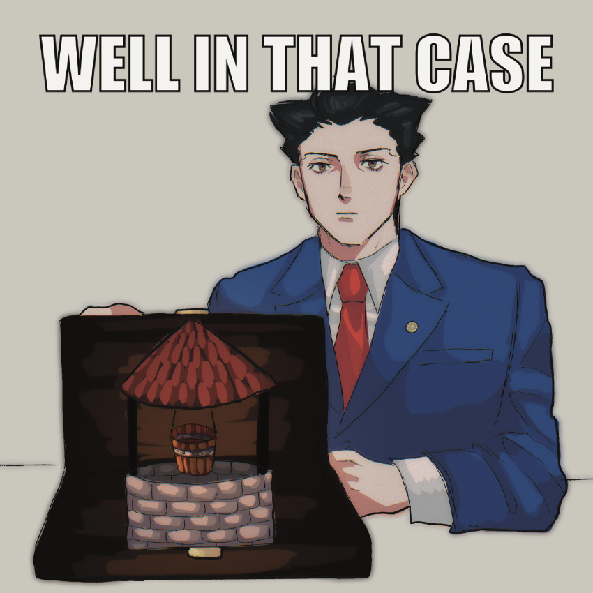 1boy ace_attorney arm_rest black_hair blue_jacket breast_pocket brown_eyes closed_mouth collared_shirt drenacocrom english_text highres impact_(font) jacket lapel_pin lapels layered_sleeves long_sleeves looking_at_viewer male_focus necktie phoenix_wright pocket pun red_necktie shirt short_hair solo suit_jacket suitcase too_literal well white_shirt