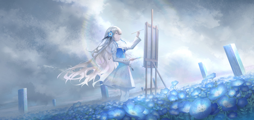 1girl absurdres blue_dress blue_flower blue_hair canvas_(object) clouds dress easel field floating_hair flower flower_field gradient_dress grey_eyes grey_hair hair_flower hair_ornament highres holding holding_paintbrush holding_palette incredibly_absurdres isekai_joucho kamitsubaki_studio long_hair long_sleeves multicolored_hair outdoors overcast paintbrush painting_(action) palette_(object) pantyhose pine50 sky smile solo two-tone_dress two-tone_hair very_long_hair virtual_youtuber white_dress white_pantyhose