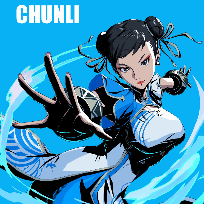 1girl absurdres black_eyes black_hair blue_background blue_dress breasts china_dress chinese_clothes chun-li cleavage_cutout closed_mouth clothing_cutout double_bun dress grey_ribbon hair_bun hair_ribbon highres kumo33 large_breasts looking_at_viewer makeup mascara nail_polish outstretched_arms red_lips red_nails ribbon short_hair short_sleeves smile solo street_fighter street_fighter_6 two-tone_dress white_dress
