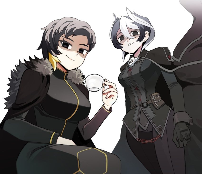2girls artist_request bad_id bad_pixiv_id binah_(project_moon) black_cape black_eyes black_gloves black_hair black_jacket black_pants blonde_hair breasts cape chain closed_mouth crossover cup empty_eyes fur_trim gloves hair_between_eyes holding holding_cup jacket lobotomy_corporation looking_at_viewer made_in_abyss mole mole_under_eye multicolored_hair multiple_girls ozen pants pouch project_moon shaded_face short_hair simple_background smile teacup two-tone_hair white_background white_hair