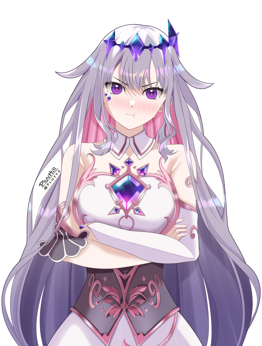 1girl :i arms_under_breasts black_corset blush bridal_gauntlets chest_jewel collar colored_inner_hair corset crossed_arms detached_collar dress grey_hair highres hololive hololive_english koseki_bijou long_hair looking_at_viewer multicolored_hair pink_hair pluv_hill puffy_cheeks single_bridal_gauntlet solo violet_eyes virtual_youtuber white_bridal_gauntlets white_collar white_dress
