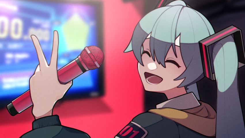 1girl :d black_hoodie blue_hair blurry blurry_background closed_eyes commentary_request hair_between_eyes hair_ornament hatsune_miku highres holding holding_microphone hood hood_down hoodie indoors karaoke long_bangs long_hair long_sleeves lower_teeth_only microphone open_mouth patch smile solo teeth television twintails upper_body uziki_ntoki vocaloid
