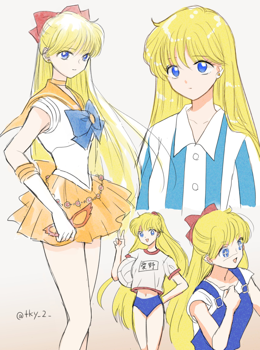 aino_minako ball bishoujo_senshi_sailor_moon blonde_hair blue_bow blue_eyes bow choker earrings happy highres jewelry legs navel open_mouth orange_choker orange_sailor_collar orange_skirt sailor_collar sailor_venus skirt takayo_(retry) v variations volleyball_(object)