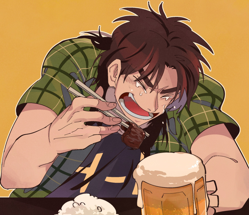 1boy alcohol beef beer beer_mug black_shirt brown_hair chopsticks closed_eyes commentary_request cup green_shirt happy_tears highres holding holding_chopsticks inudori itou_kaiji kaiji long_hair male_focus medium_bangs mug open_clothes open_mouth open_shirt parted_bangs plaid plaid_shirt rice shirt short_sleeves smile solo tears teeth upper_body yellow_background