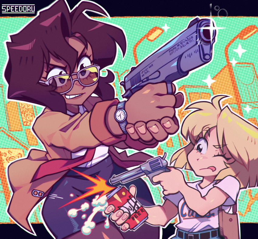 2girls beer_can blonde_hair breasts brown_hair can dark-skinned_female dark_skin duff_beer gun gunsmith_cats highres holding holding_gun holding_weapon lamppost minnie_may_hopkins multiple_girls necktie one_eye_closed outdoors rally_vincent speedoru sunglasses the_simpsons tongue tongue_out watch watch weapon
