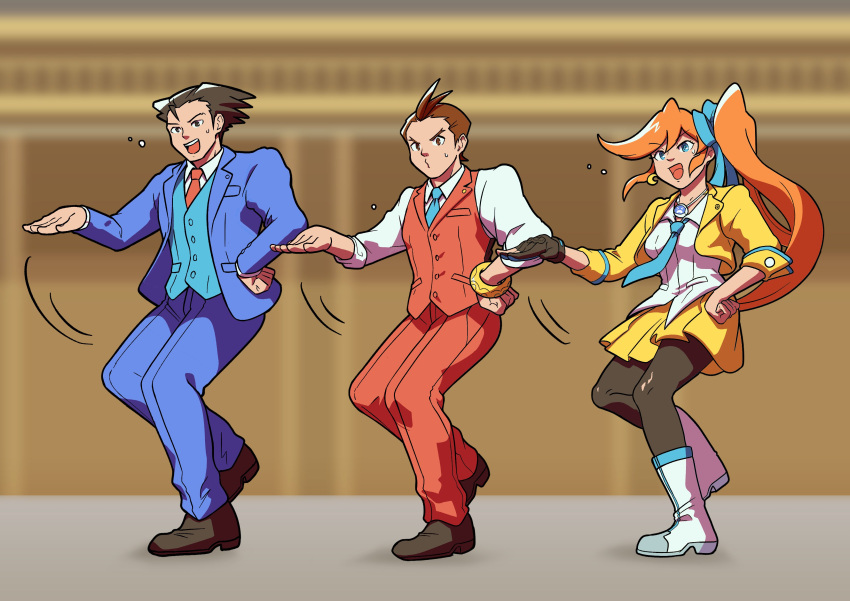 1girl 2boys :d absurdres ace_attorney antenna_hair apollo_justice athena_cykes black_eyes black_hair black_pantyhose blue_jacket blue_necktie blue_pants blue_ribbon blue_suit blue_vest blurry blurry_background boots bracelet breast_pocket brown_footwear brown_hair buttons clenched_hand closed_mouth collared_shirt crescent crescent_earrings cropped_jacket dancing earrings full_body gloves hair_ribbon hand_on_own_hip highres jacket jewelry lapel_pin lapels layered_sleeves long_hair long_sleeves loose_necktie miniskirt multiple_boys necklace necktie o3o open_collar open_mouth orange_hair pants pantyhose partially_fingerless_gloves phoenix_wright pocket pokeno255 pose_request red_necktie red_pants red_vest ribbon shirt short_hair side_ponytail sidelocks single_earring single_glove skirt sleeve_cuffs sleeves_rolled_up smile spiky_hair standing standing_on_one_leg suit suit_jacket sweat swept_bangs three-piece_suit untucked_shirt v-shaped_eyebrows very_long_hair vest white_footwear white_shirt yellow_jacket yellow_skirt