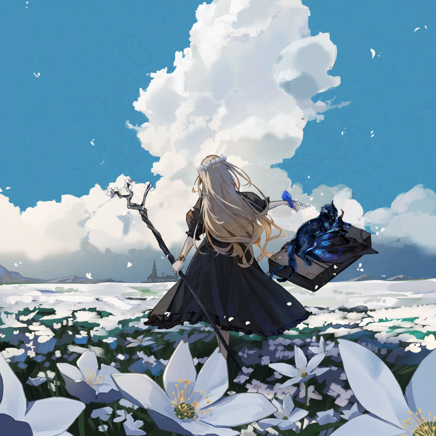 1girl animal animal_on_arm bird bird_on_arm black_dress blonde_hair cat clouds cloudy_sky commentary day dress english_commentary floating flower flower_request frilled_dress frills from_behind hat highres holding holding_staff ishida_tatsuki levitation long_hair magic mountainous_horizon original outdoors petals puffy_short_sleeves puffy_sleeves short_sleeves sky solo staff suitcase witch_hat wreath