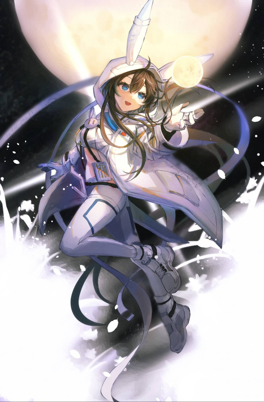 1girl :d amiya_(arknights) amiya_(guard)_(arknights) amiya_(guard)_(touch_the_stars)_(arknights) animal_hood arknights blue_eyes brown_hair chinese_commentary coat commentary crop_top full_body gloves hair_between_eyes highres hood hood_up hooded_coat id_card leggings long_hair magicrabbit49586 moon official_alternate_costume open_clothes open_coat open_mouth pants rabbit_hood sidelocks smile solo white_coat white_footwear white_gloves white_pants wide_sleeves