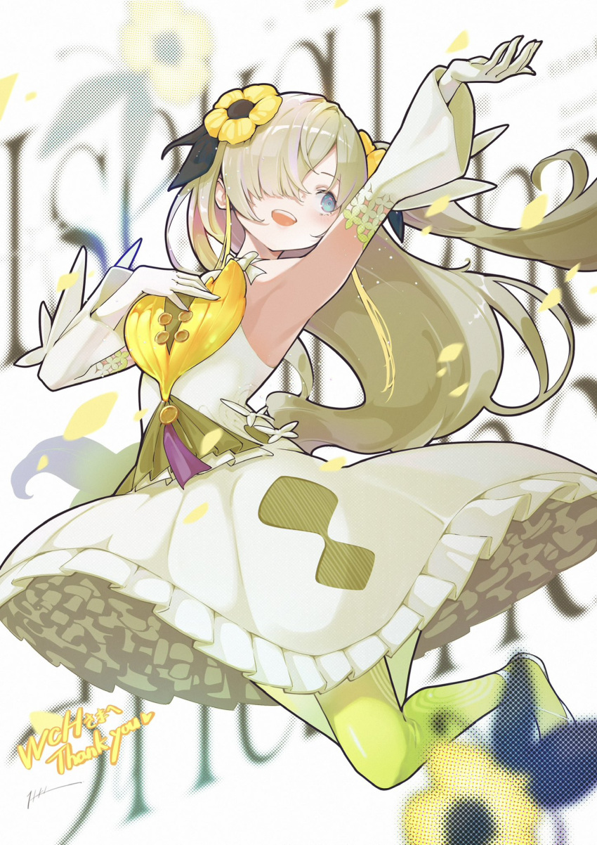 1girl arm_up bare_shoulders blonde_hair blue_eyes blush commission detached_sleeves dress floating_hair flower gloves green_pantyhose grey_hair hair_flower hair_ornament hair_over_one_eye highres isekai_joucho itou_kazuki jumping kamitsubaki_studio long_hair multicolored_hair open_mouth pantyhose petals skeb_commission sleeveless sleeveless_dress smile solo two-tone_hair virtual_youtuber yellow_flower