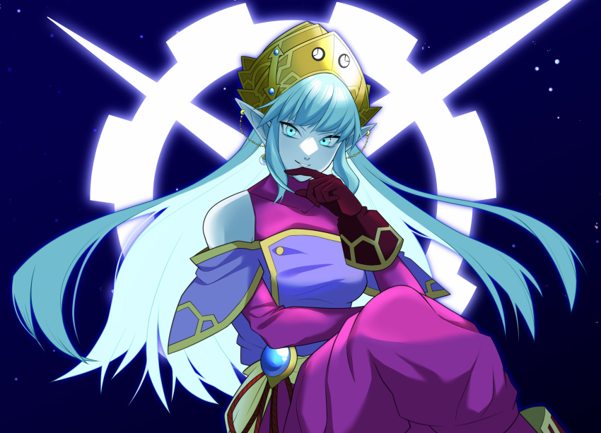 1girl 96az1 absurdres aeos_(dragon_ball) baggy_clothes baggy_pants bare_shoulders blue_eyes blue_hair blue_skin clock collarbone colored_skin covered_collarbone crossed_legs dragon_ball dragon_ball_heroes earrings gloves hand_on_own_chin hand_up highres jewelry long_hair looking_at_viewer pants pointy_ears potara_earrings purple_gloves sidelocks smile solo tiara undershirt