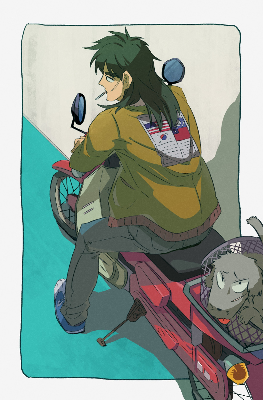1boy absurdres american_flag_legwear blue_footwear bomber_jacket brown_jacket cigarette commentary_request dog from_behind full_body grey_pants highres inudori itou_kaiji jacket kaiji long_hair male_focus motor_vehicle motorcycle pants republic_of_china_flag scar scar_on_cheek scar_on_face shoes sitting smoking sneakers solo south_korean_flag united_nations_flag