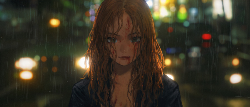 1girl absurdres black_jacket blood blood_on_face blurry blurry_background brown_hair car closed_mouth grey_eyes highres jacket long_hair looking_at_viewer motor_vehicle night original outdoors rain solo upper_body wang-xi wet