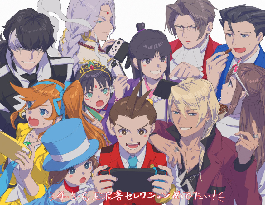 5girls 6+boys :d :o ace_attorney antenna_hair apollo_justice aqua_necktie ascot athena_cykes bead_necklace beads black_hair black_jacket black_necktie black_shirt blonde_hair blue_cape blue_eyes blue_headwear blue_jacket blue_necktie blush_stickers bracelet braid brown_eyes brown_hair cape chain_necklace closed_mouth coat collared_shirt crescent crescent_earrings cropped_jacket crown dark-skinned_male dark_skin earrings eating ema_skye facial_mark forehead_jewel forehead_mark frilled_ascot frills gem grey_hair grin hair_between_eyes hair_intakes hairstyle_request half_updo hand_up hat highres jacket jewelry klavier_gavin lapel_pin lapels long_hair long_sleeves maya_fey medium_hair miles_edgeworth multicolored_hair multiple_boys multiple_girls nahyuta_sahdmadhi necklace necktie nintendo_switch open_collar open_mouth orange_hair parted_bangs parted_lips phoenix_wright pink-tinted_eyewear popped_collar purple_jacket rayfa_padma_khura'in red_gemstone red_jacket red_scarf red_vest ring scarf shirt side_ponytail sidelocks simon_blackquill simple_background single_braid sleeves_past_elbows sleeves_rolled_up smile spiky_hair suit_jacket sweat swept_bangs tinted_eyewear top_hat topknot trucy_wright two-tone_hair untucked_shirt v-shaped_eyebrows vest white-framed_eyewear white_ascot white_background white_coat white_hair white_jacket white_shirt yellow_jacket yymmawo_vv2