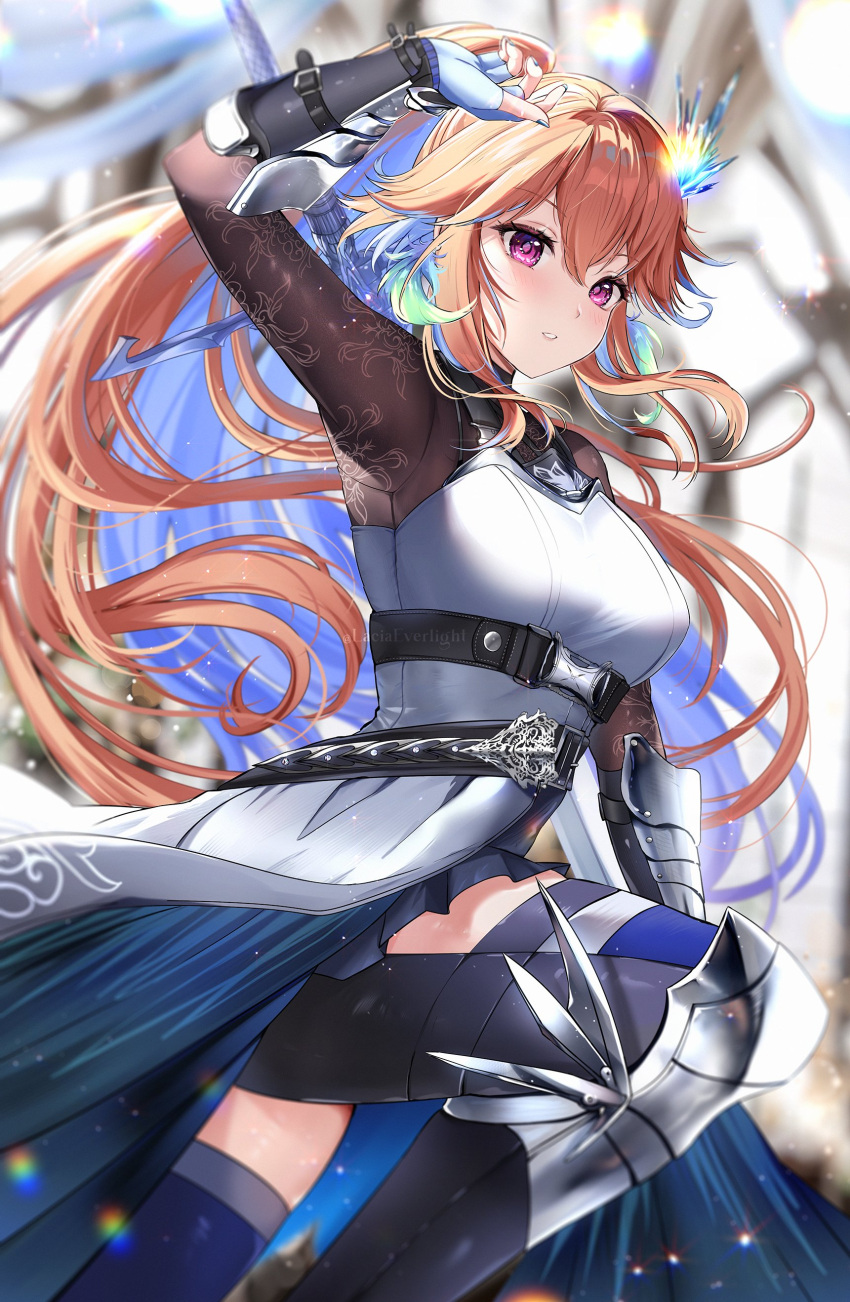 1girl absurdres arm_up armor belt blue_hair earrings feather_earrings feathers fingerless_gloves gloves hair_ornament highres hololive hololive_english jewelry lacia_everlight long_hair multicolored_hair orange_hair ponytail solo sword sword_on_back takanashi_kiara takanashi_kiara_(6th_costume) violet_eyes virtual_youtuber watermark weapon weapon_on_back