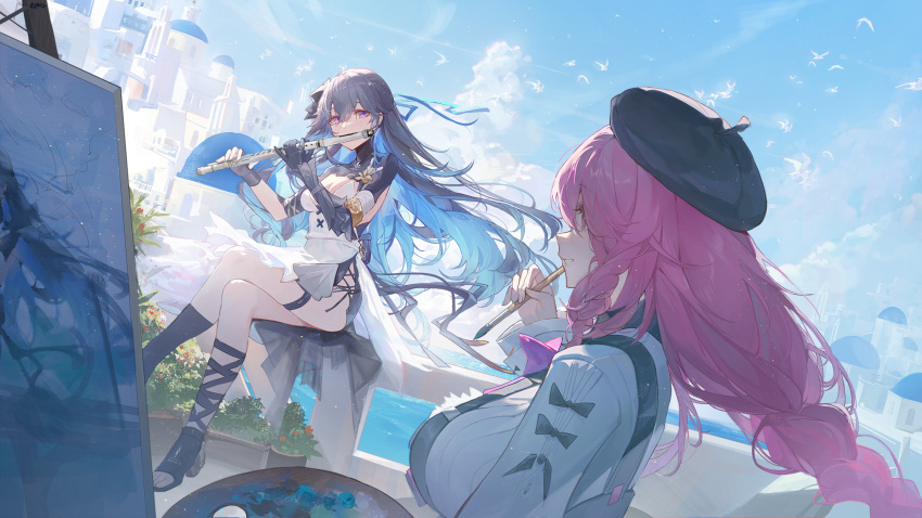 2girls anniversary ayla_(punishing:_gray_raven) bird black_bandages black_hair blue_sky canvas_(object) clouds dress flute hat highres instrument kuroduki_(pieat) long_hair looking_at_another multicolored_hair multiple_girls ocean official_art paint painting_(action) painting_(medium) pink_eyes pink_hair plant playing_flute punishing:_gray_raven ribbon selena_(punishing:_gray_raven) sitting sky smile traditional_media two-tone_hair violet_eyes white_dress wind