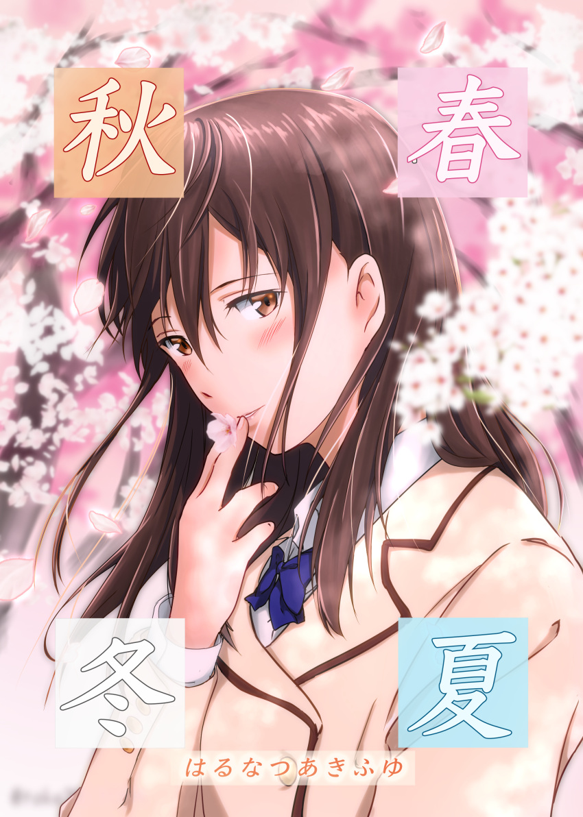 1girl absurdres blue_bow blue_bowtie blush bow bowtie brown_eyes brown_jacket cherry_blossoms collared_shirt cover cover_page doujin_cover highres holding jacket kimi_no_suizou_wo_tabetai long_hair long_sleeves looking_at_viewer name_connection object_namesake outdoors petals school_uniform shirt smile solo take20131004 tree upper_body white_shirt yamauchi_sakura
