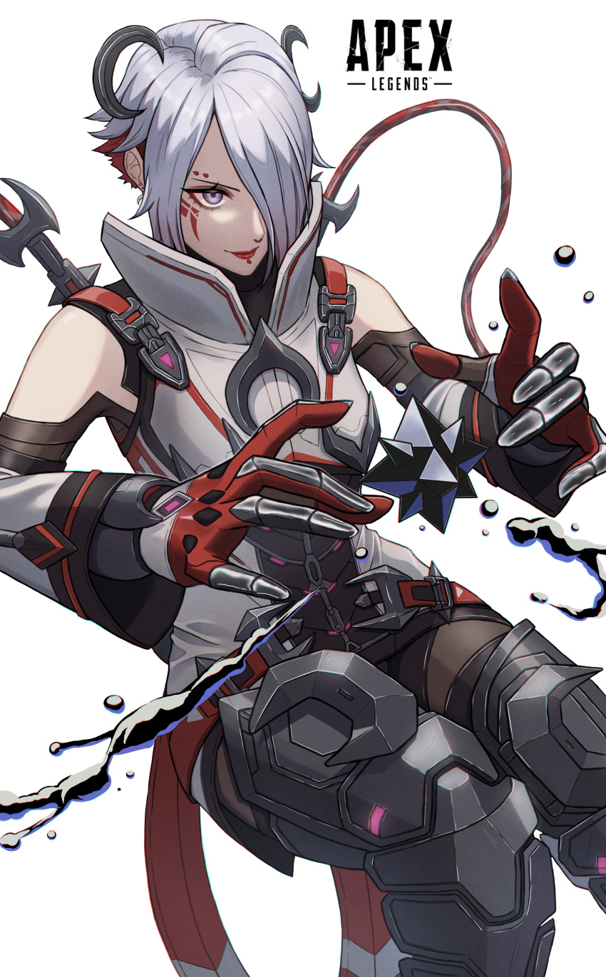 1girl absurdres animification apex_legends black_bodysuit black_footwear blood_moon_catalyst bodysuit cable catalyst_(apex_legends) clothing_cutout colored_inner_hair copyright_name flat_chest gloves grey_eyes grey_hair hair_behind_ear hair_over_one_eye highres invisible_chair jacket kirishima_kate metal_boots multicolored_hair official_alternate_costume red_gloves redhead short_hair shoulder_cutout sitting sleeveless sleeveless_jacket smile solo white_background white_jacket