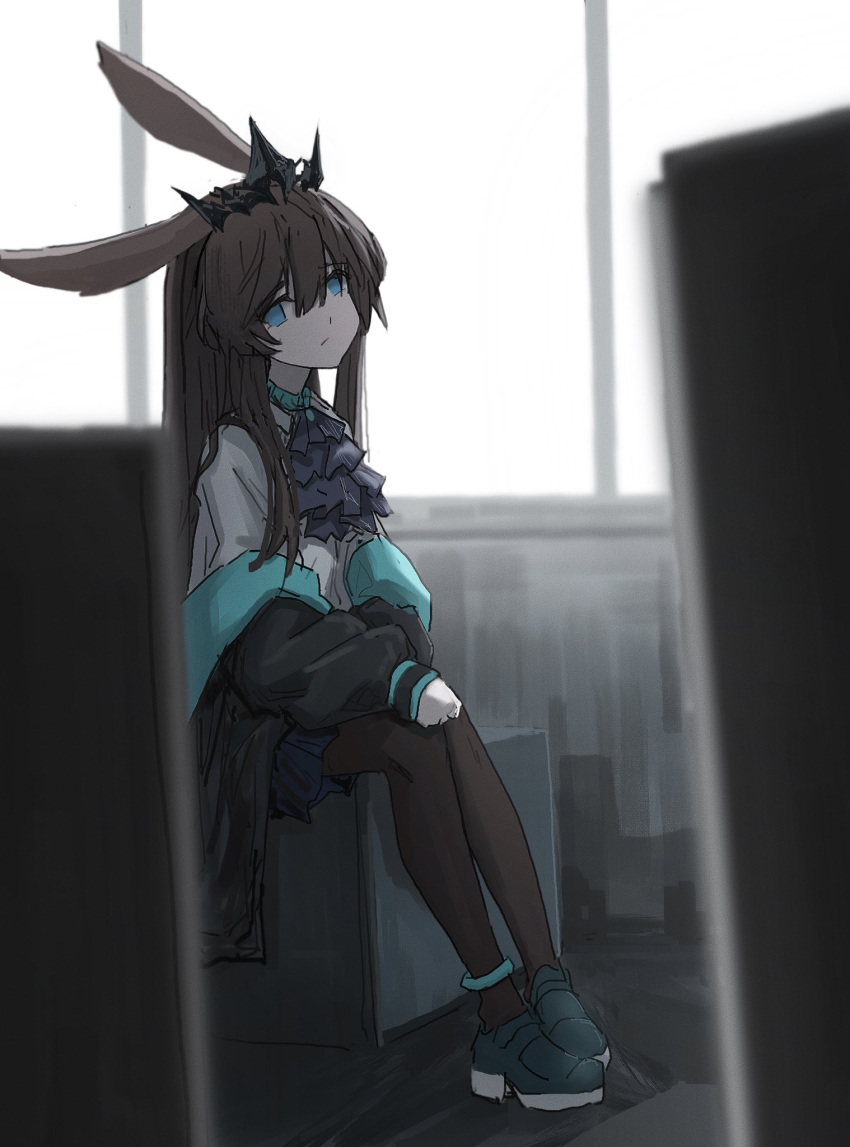 1girl amiya_(arknights) animal_ears arknights black_footwear black_jacket black_pantyhose blue_eyes blue_skirt blurry blurry_foreground brown_hair closed_mouth commentary day depth_of_field hair_between_eyes highres indoors jacket long_hair long_sleeves looking_at_viewer lumirumi off_shoulder open_clothes open_jacket pantyhose pleated_skirt puffy_long_sleeves puffy_sleeves rabbit_ears shirt shoes sitting skirt solo sunlight very_long_hair white_shirt window