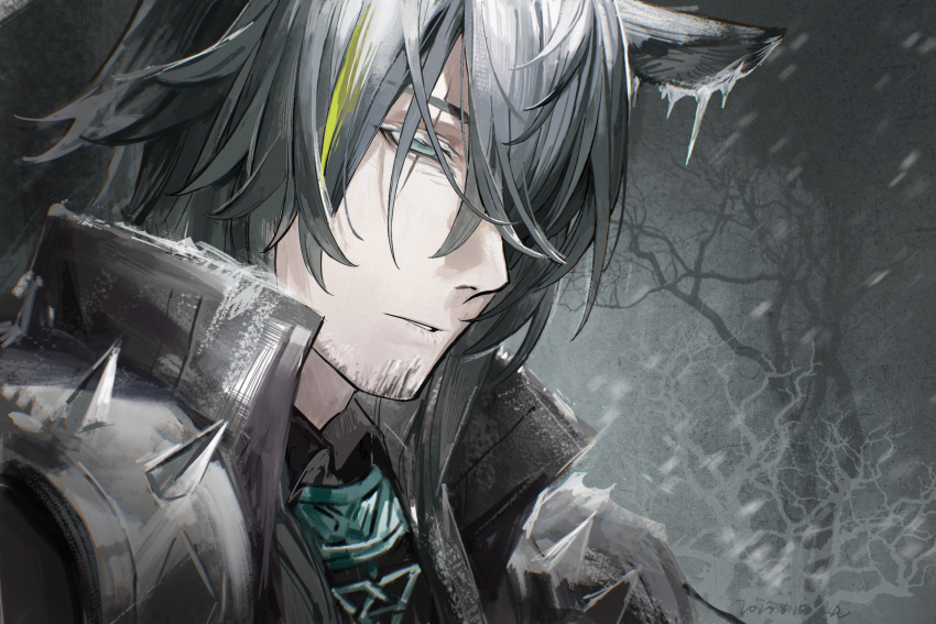 1boy arknights bare_tree black_jacket black_shirt blonde_hair character_request dated facial_hair grey_eyes grey_hair hair_over_one_eye highres jacket male_focus multicolored_hair open_clothes open_jacket parted_lips qian8102 scar scar_across_eye shirt solo spikes streaked_hair stubble thick_eyebrows tree