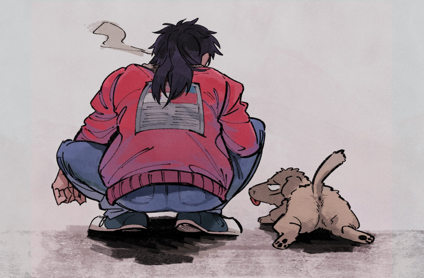 1boy american_flag black_hair commentary_request dog from_behind full_body grey_background grey_footwear grey_pants highres inudori itou_kaiji jacket kaiji long_hair male_focus pants red_jacket republic_of_china_flag shoes smoke smoking sneakers solo south_korean_flag squatting