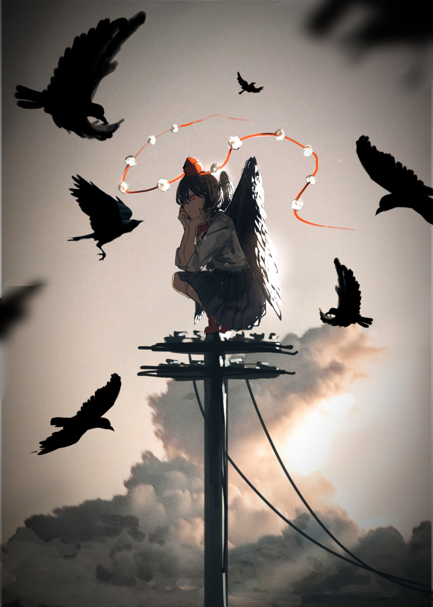 1girl absurdres animal bird bird_wings black_hair black_skirt black_wings closed_mouth crow ds_(bakads) feathered_wings hair_between_eyes hat highres pleated_skirt pom_pom_(clothes) power_lines red_eyes red_headwear shameimaru_aya shirt short_hair short_sleeves skirt solo tokin_hat touhou utility_pole white_shirt wings