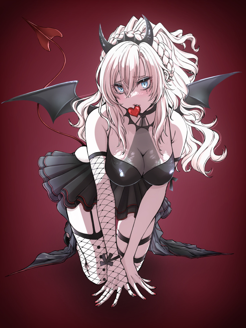 1girl absurdres black_dress blue_eyes breasts candy chocolate demon_girl demon_horns demon_tail demon_wings dress fate/grand_order fate_(series) food genmai_(crowcrowclown) heart heart-shaped_chocolate highres horns kriemhild_(fate) kriemhild_(love_delusion)_(fate) large_breasts looking_at_viewer pale_skin tail wings